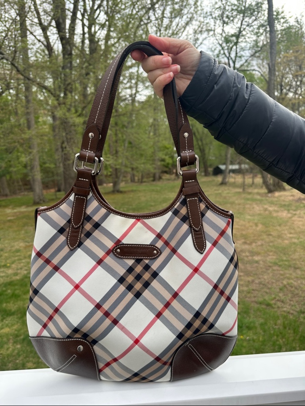 Burberry Blue Label Nova Check and Brown Leather Shoulder Bag